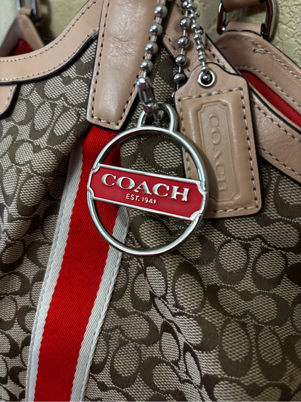 Coach Brown Signature Shoulder Bag with Red Stripe